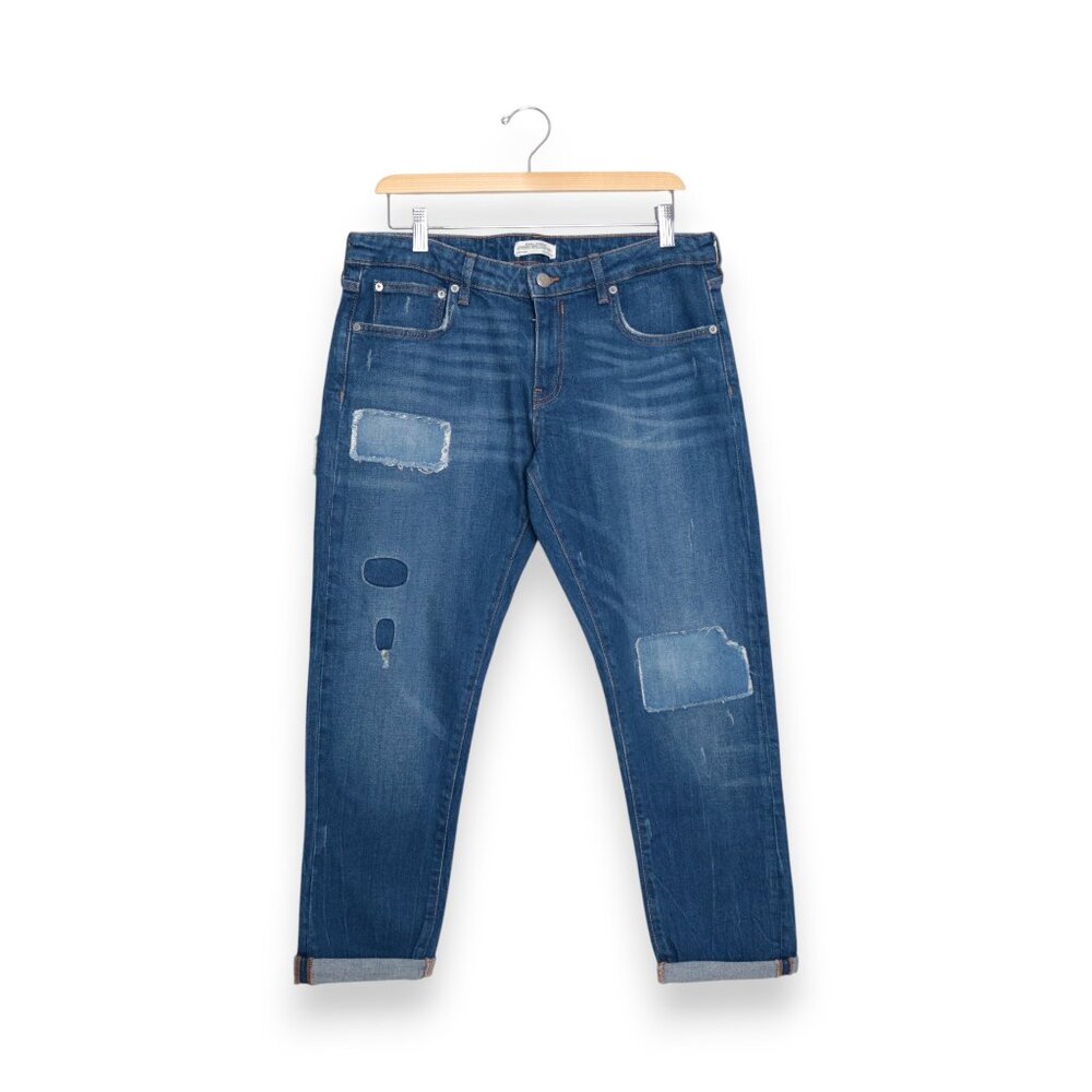 Zara Woman Dark Wash Patch Distressed Cuff Ankle Denim Jeans Size 8